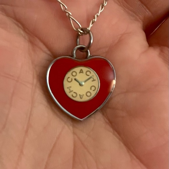 Coach Red & White Enamel Heart Clock Pendant .925 Sterling Silver Necklace - Picture 3 of 6
